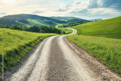 Fototapeta Naklejka Na Ścianę i Meble -  Gravel dirt road through rural landscape and fields Off road trip for 4x4 vehicle