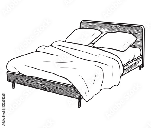 Bed in the bedroom, Silhouette of a bed, Line art bed vector