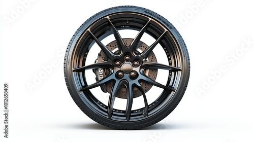 Isolated on a white background are the racing wheel and tire side view, vehicle tire, aluminum wheels, and modern wheel rim.  photo