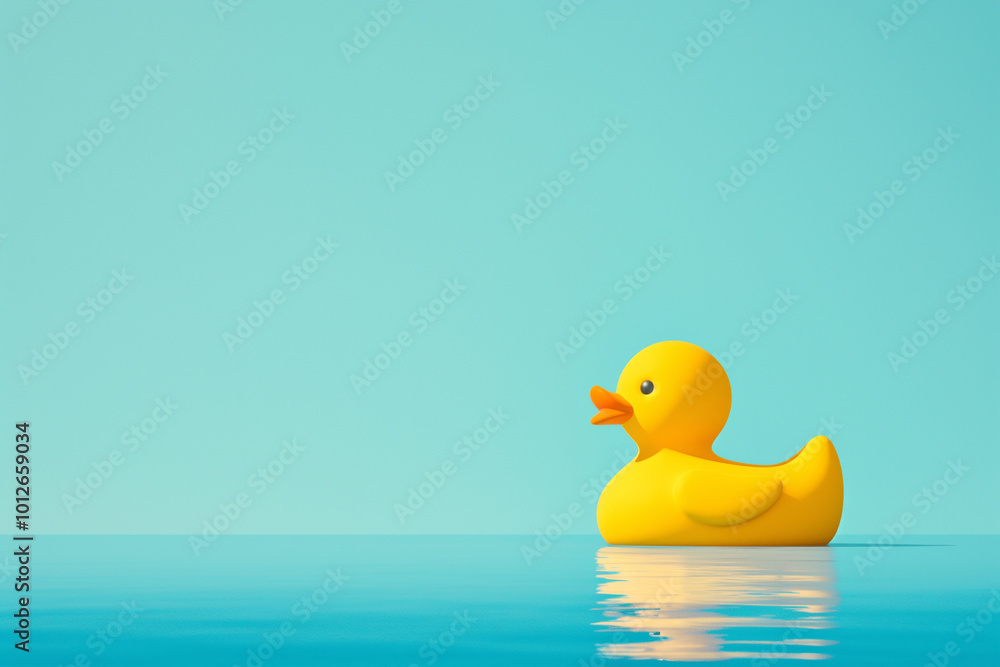 Yellow rubber duck floating on calm blue water surface Yellow rubber duck floating on calm blue water surface