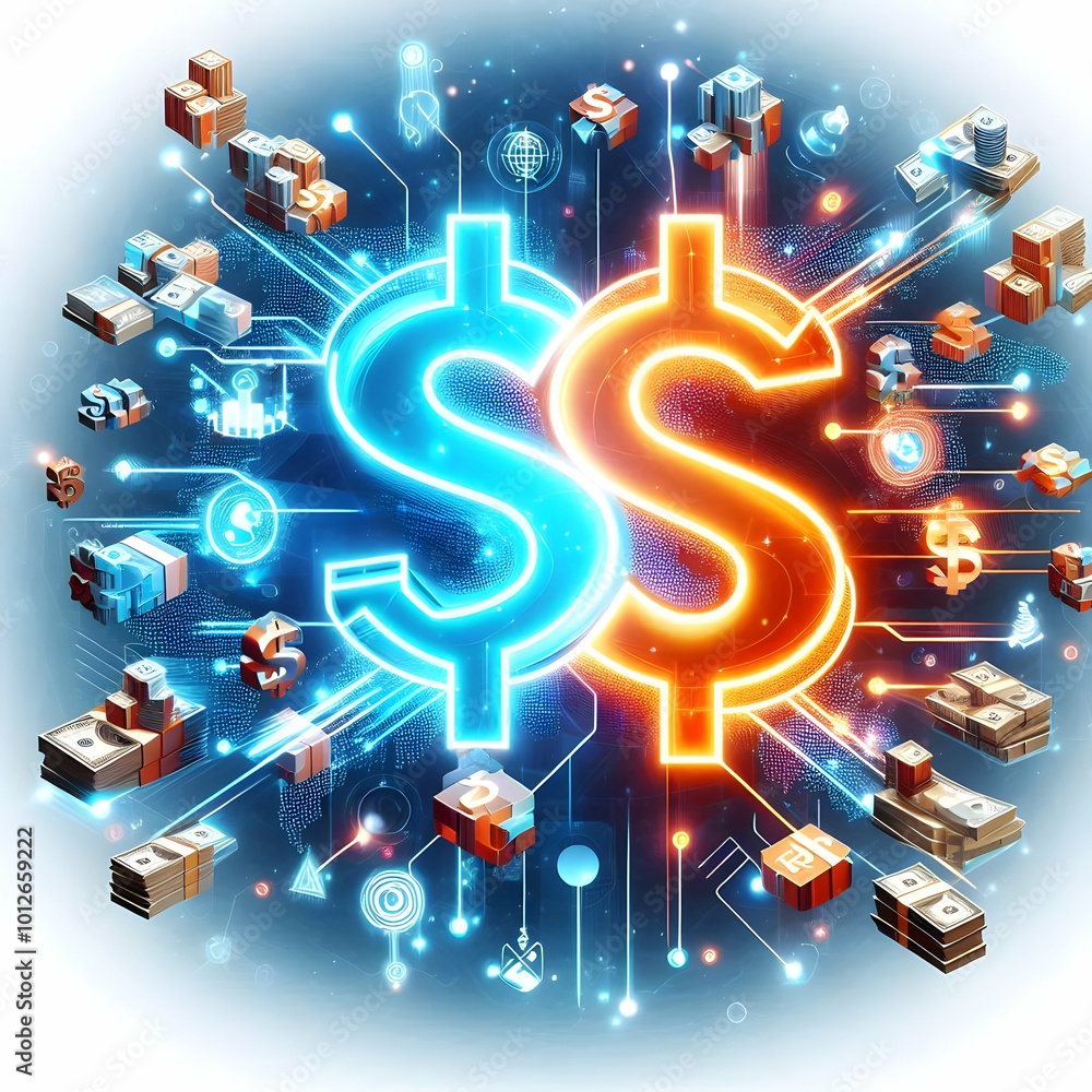 3D Glowing Abstract Cash Acquisition Art with Merging Icons concept as A glowing abstract digital art piece featuring merging icons and cash symbols representing the acquisition of assets and corporat 3D Glowing Abstract Cash Acquisition Art with Merging Icons concept as A glowing abstract digital art piece featuring merging icons and cash symbols representing the acquisition of assets and corporat