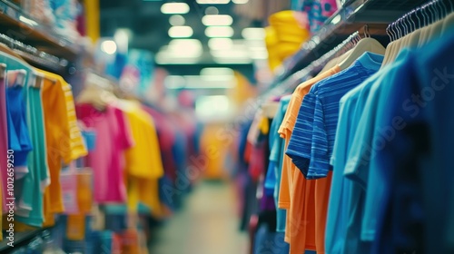 colorful t-shirts hanging on racks in a retail store, creating an inviting and lively shopping environment for fashion lovers.