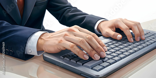 Businessman Typing on Glossy Keyboard: Close-Up of Hands and Keyboard with Copy Space for Content