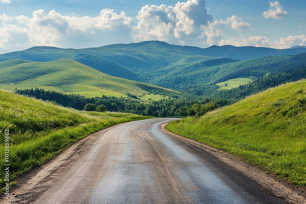 Naklejka premium Green mountains and country road in summer
