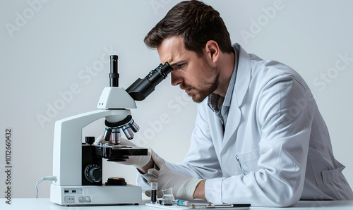 scientist looking through microscope