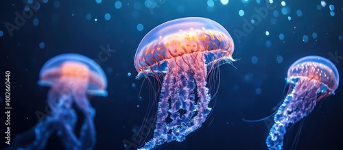 Three bioluminescent jellyfish with orange and purple hues float in a dark blue ocean.