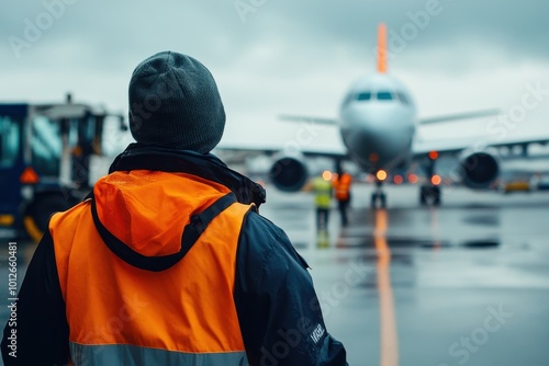 Ground crew in signal vest guides airplane to parking spot Aviation supervisor meets aircraft at airport photo