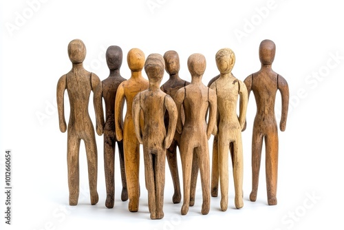 Group of wooden dummies on white background photo