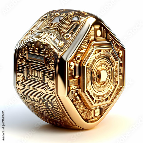 3D Macro Shot of Hanukkah Gelt with Reflective Gold Surface and Futuristic Engravings - Captivating Close-Up of Traditional Gelt Design with High-Tech Elements on Isolated White Background photo