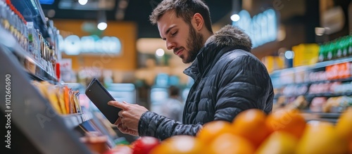 Young man checking price tag of a product in a supermarket.