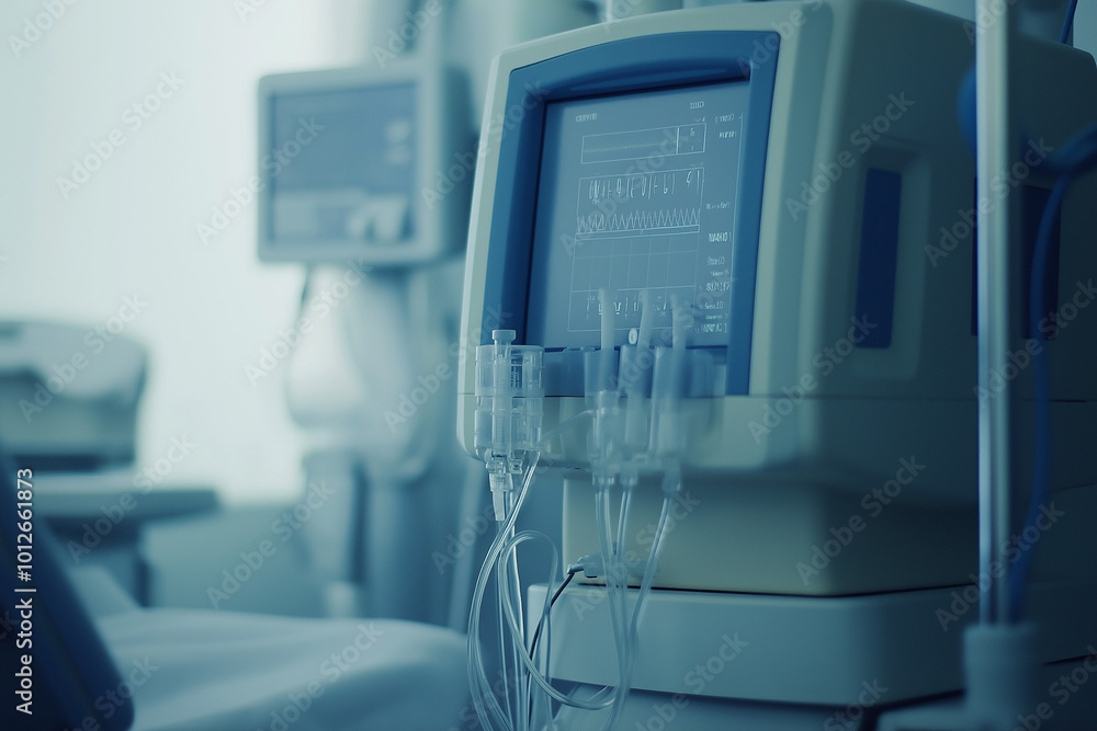 Fototapeta premium Dialysis machine connected to a patient, with copy space. Soft hospital lighting. 