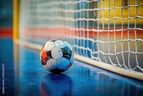 Handball in futsal with ball on floor at goal photo