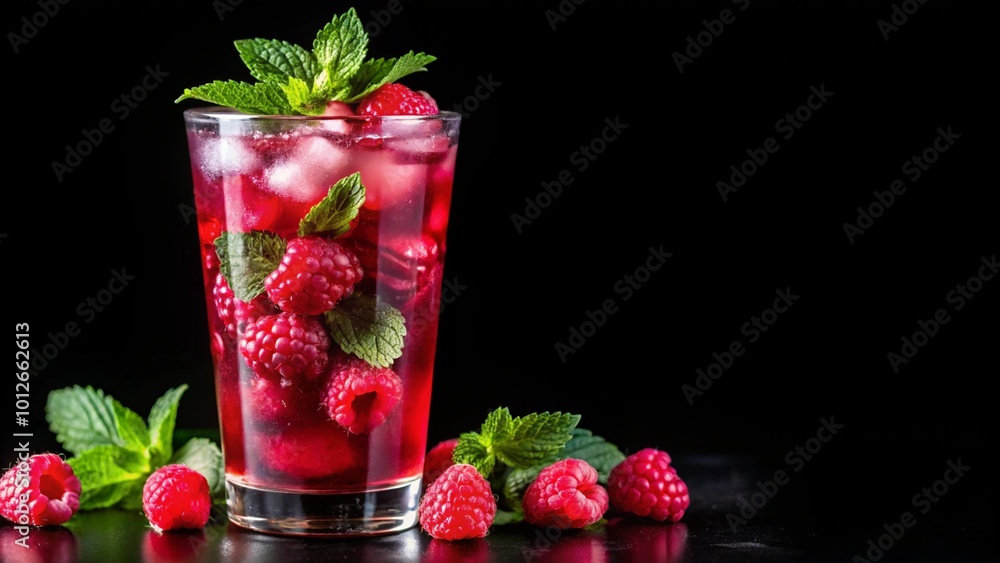 Refreshing raspberry drink with mint and ice on a dark background. Refreshing raspberry drink with mint and ice on a dark background.
