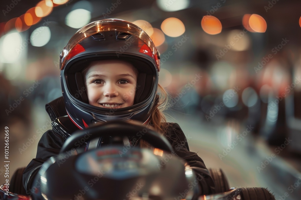 Happy child in helmet driving indoor go kart Happy child in helmet driving indoor go kart