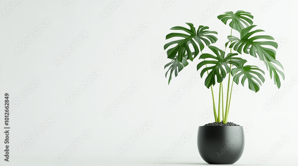 Photograph of a Monstera Plant in a Black Pot on a White Background Photograph of a Monstera Plant in a Black Pot on a White Background