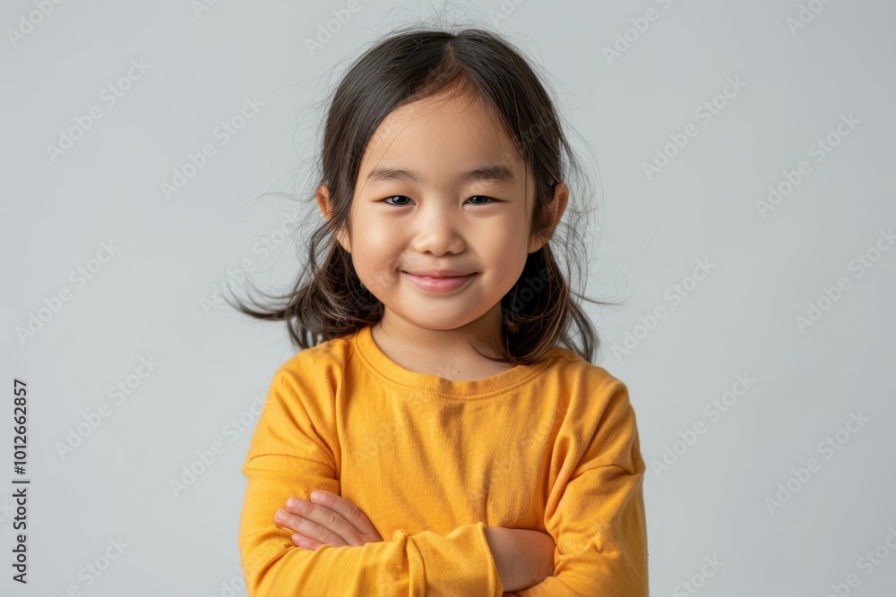 Happy little Asian girl with crossed arms smiling and laughing in studio portrait Happy little Asian girl with crossed arms smiling and laughing in studio portrait