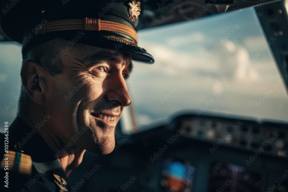 Happy pilot in cap looking far away Happy pilot in cap looking far away