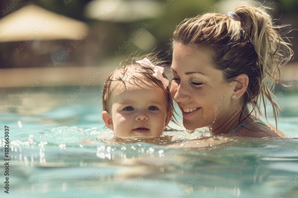 Happy mom and baby girl relaxing in pool Rest Happy mom and baby girl relaxing in pool Rest