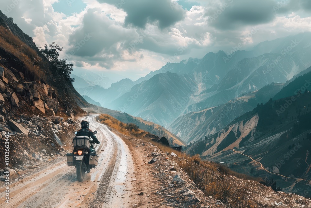High mountains dirt roads for enduro off road touring motorcyclist in active adventurous lifestyle High mountains dirt roads for enduro off road touring motorcyclist in active adventurous lifestyle