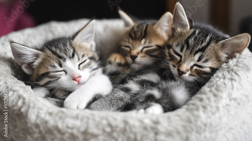 Kittens cuddling together in a small bed