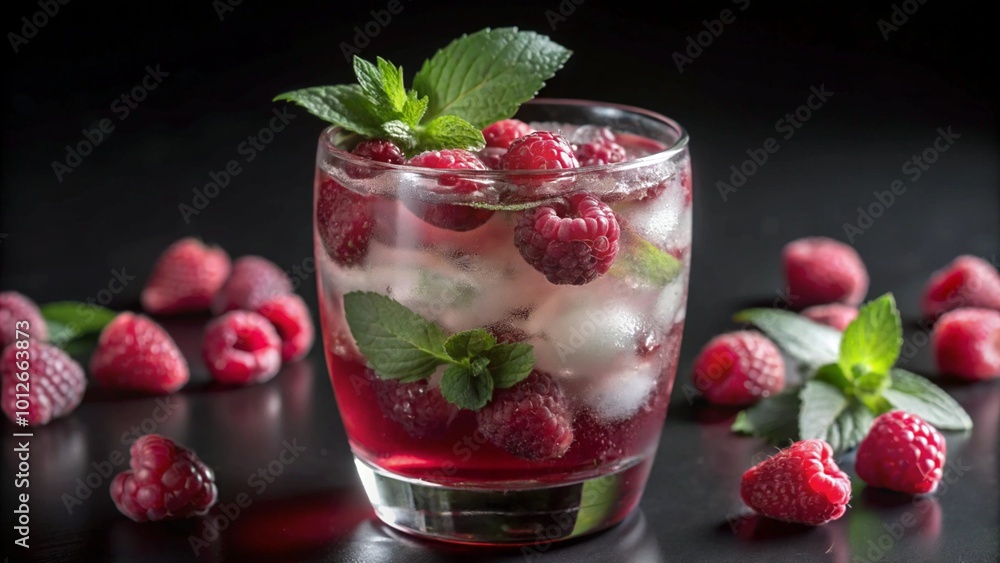 Refreshing raspberry drink with mint and ice in a glass. Refreshing raspberry drink with mint and ice in a glass.