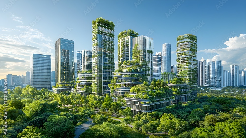 Fototapeta premium A vibrant city skyline with modern green buildings surrounded by trees and parks, set against a backdrop of clear blue skies, symbolizing environmental preservation and sustainable urban living. 