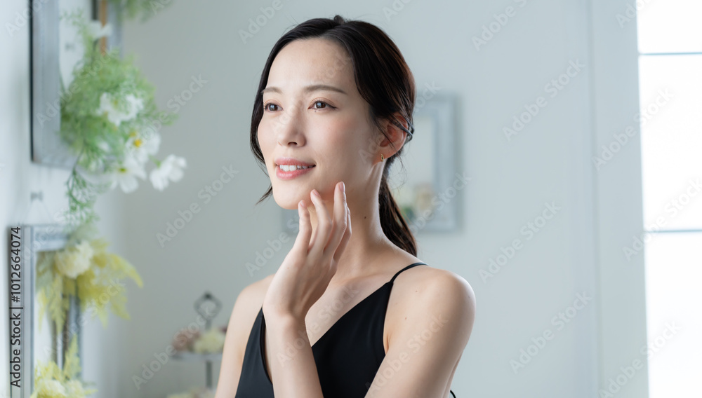 窓に立ち肌に触れるワンピースを着た女性 窓に立ち肌に触れるワンピースを着た女性