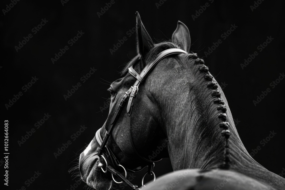 Naklejka premium Horse in polo halter looking back isolated on black background Horizontal black and white view from behind