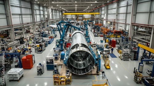 A manufacturing facility with robotic arms applying advanced composite materials to a large aerospace component, showcasing precision equipment and processes. 