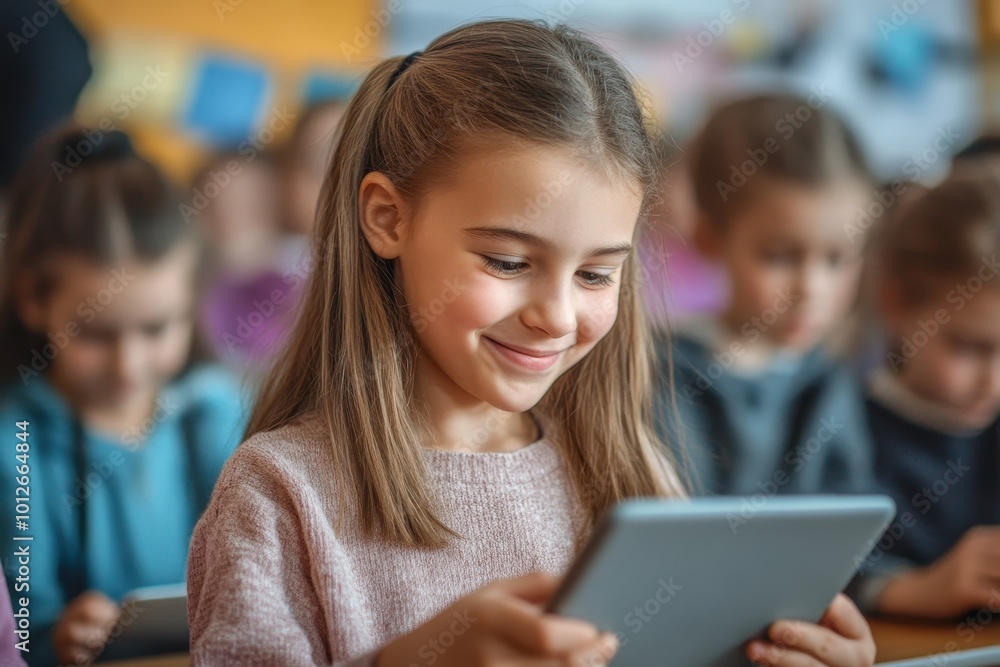 Joyful young student using technology in classroom with classmates for education Joyful young student using technology in classroom with classmates for education