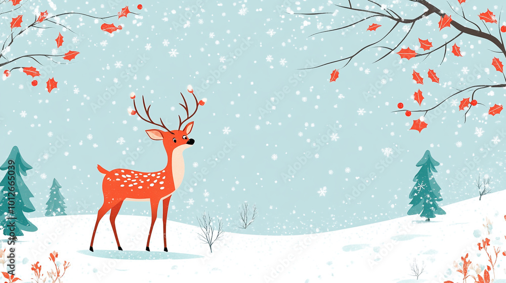 A cheerful orange reindeer in a snowy landscape with Christmas trees on Christmas Day A cheerful orange reindeer in a snowy landscape with Christmas trees on Christmas Day