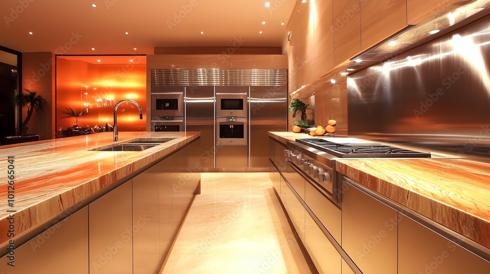 A sleek modern kitchen featuring stainless steel appliances, marble countertops, and minimalist cabinetry, with warm lighting reflecting off the polished surfaces. A sleek modern kitchen featuring stainless steel appliances, marble countertops, and minimalist cabinetry, with warm lighting reflecting off the polished surfaces.