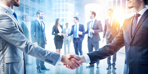 Soft focus business people shaking hands over digital background concept as A soft focus image depicting business professionals shaking hands over a subtle digital abstract background. The scene conve photo