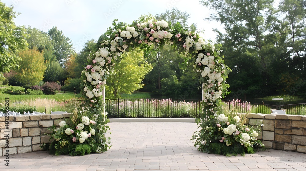 Obraz premium A stunning wedding arch rental displayed in a picturesque outdoor setting, adorned with lush flowers and greenery, showcasing the perfect backdrop for a special event. 