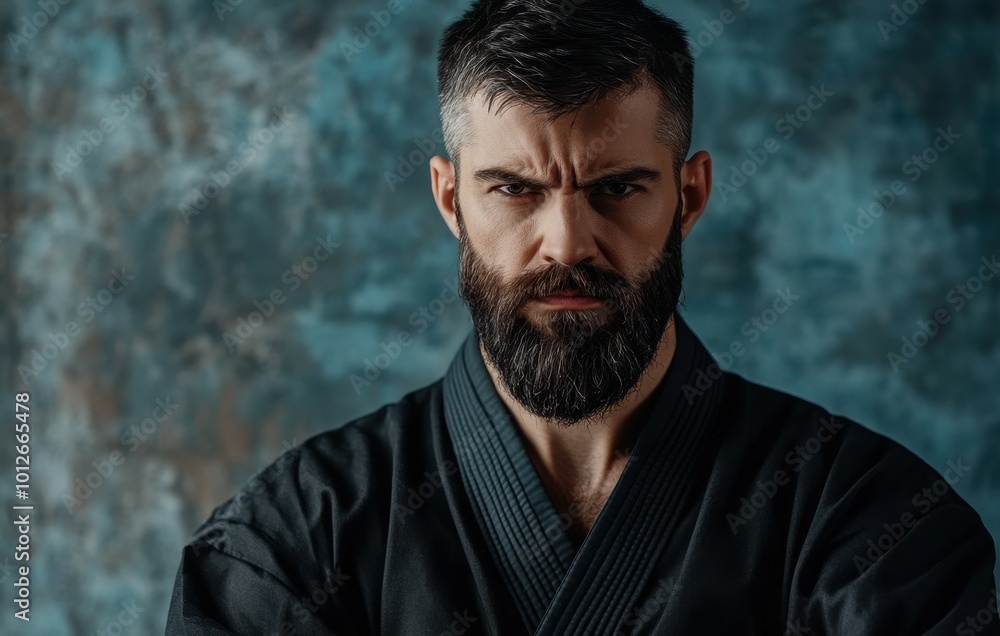 Fototapeta premium Karate fighter in fighting stance Muscular male ready for competition Strong martial arts master Advertising space available