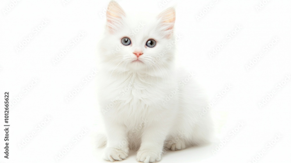 pure white Khao Manee cat sits poised and elegant, showcasing its striking blue eyes and soft fur, creating a stunning visual against a minimalistic white backdrop. pure white Khao Manee cat sits poised and elegant, showcasing its striking blue eyes and soft fur, creating a stunning visual against a minimalistic white backdrop.