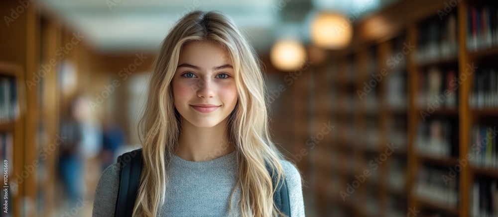 Young woman with a smile and a backpack standing in a library. Young woman with a smile and a backpack standing in a library.