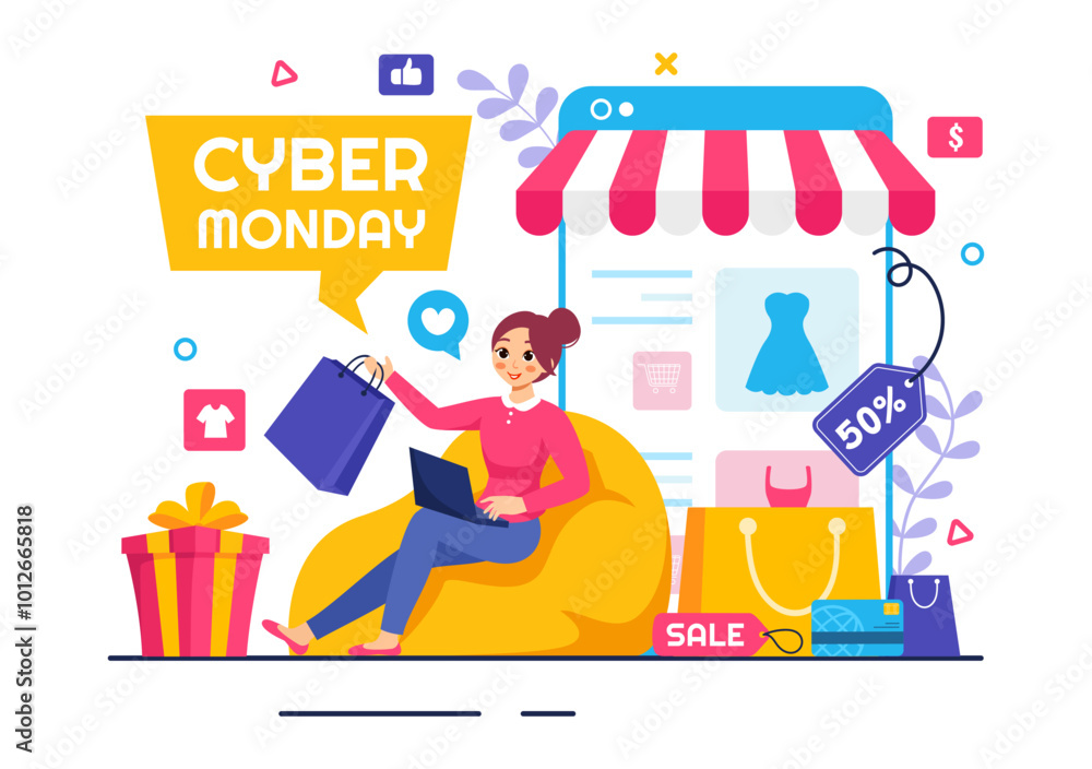 Cyber Monday Event Vector Illustration with Super Sale and Big Discount Purchases Goods in Paper Bags for Promotions in a Flat Style Cartoon Background Cyber Monday Event Vector Illustration with Super Sale and Big Discount Purchases Goods in Paper Bags for Promotions in a Flat Style Cartoon Background