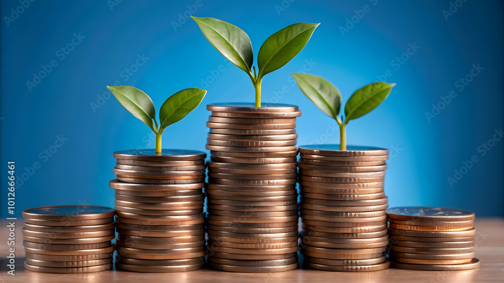 Vector icon of a stack of coins with a small plant sprouting representing investment growth. concept as A vector image showing a stack of coins from which a small plant is growing symbolizing the grow
