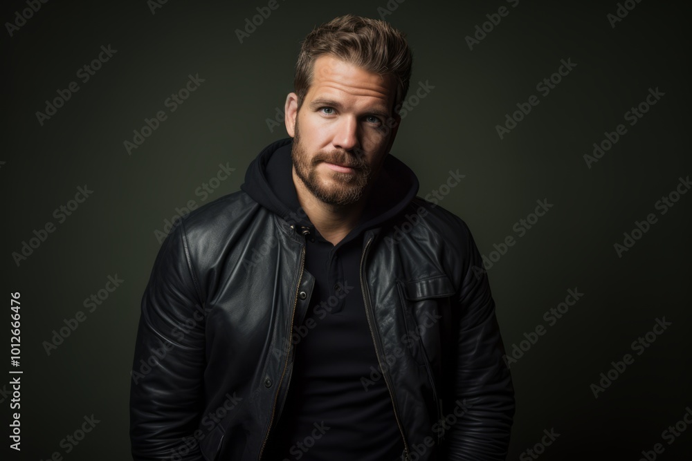 Handsome young man in a black leather jacket on a dark background. Handsome young man in a black leather jacket on a dark background.