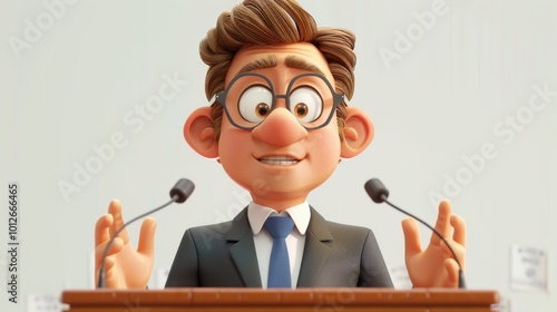 An isolated politician delivers a speech at a podium in a 3D cartoon animation set against a white backdrop featuring election campaign posters.