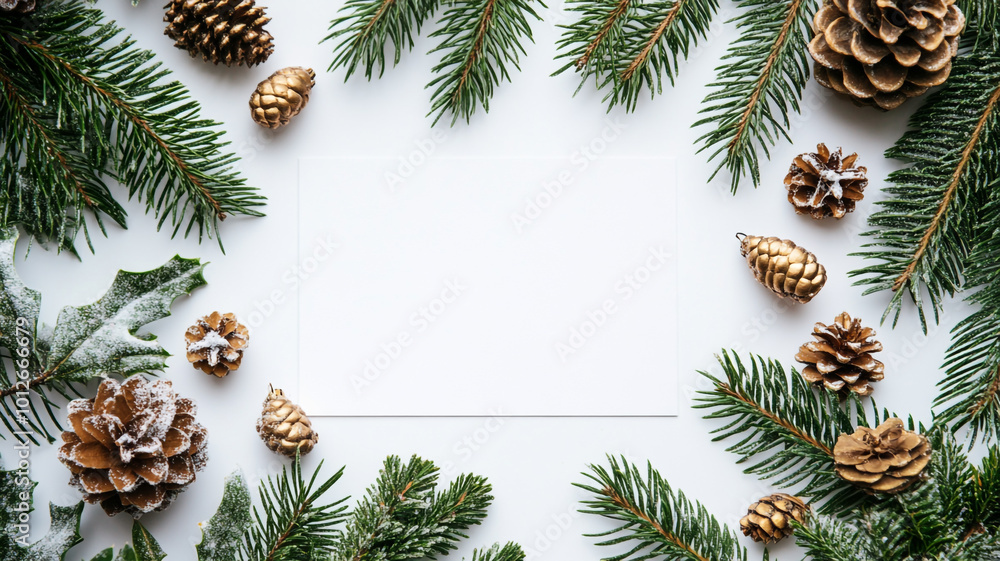 Festive holiday arrangement featuring pine branches, pinecones, and a blank card on Christmas Day Festive holiday arrangement featuring pine branches, pinecones, and a blank card on Christmas Day