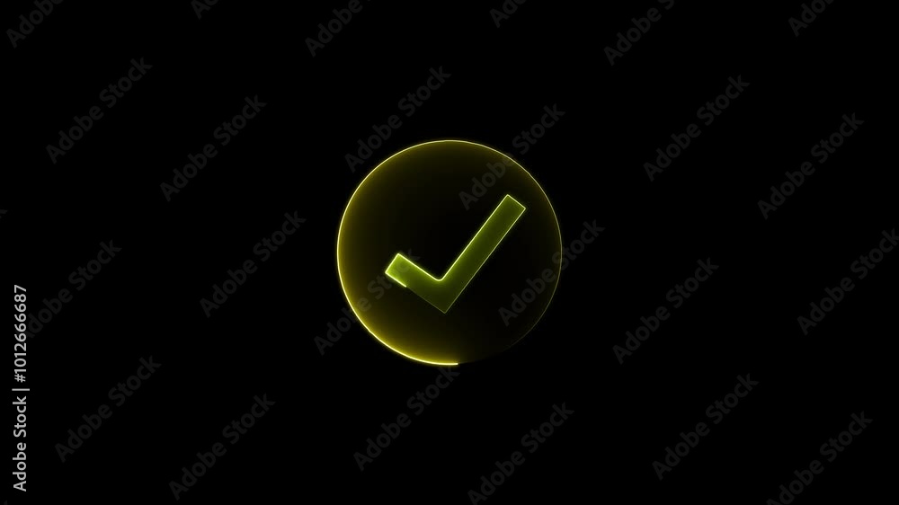 Glowing neon circle in check mark icon animation. Glowing neon circle in check mark icon animation.