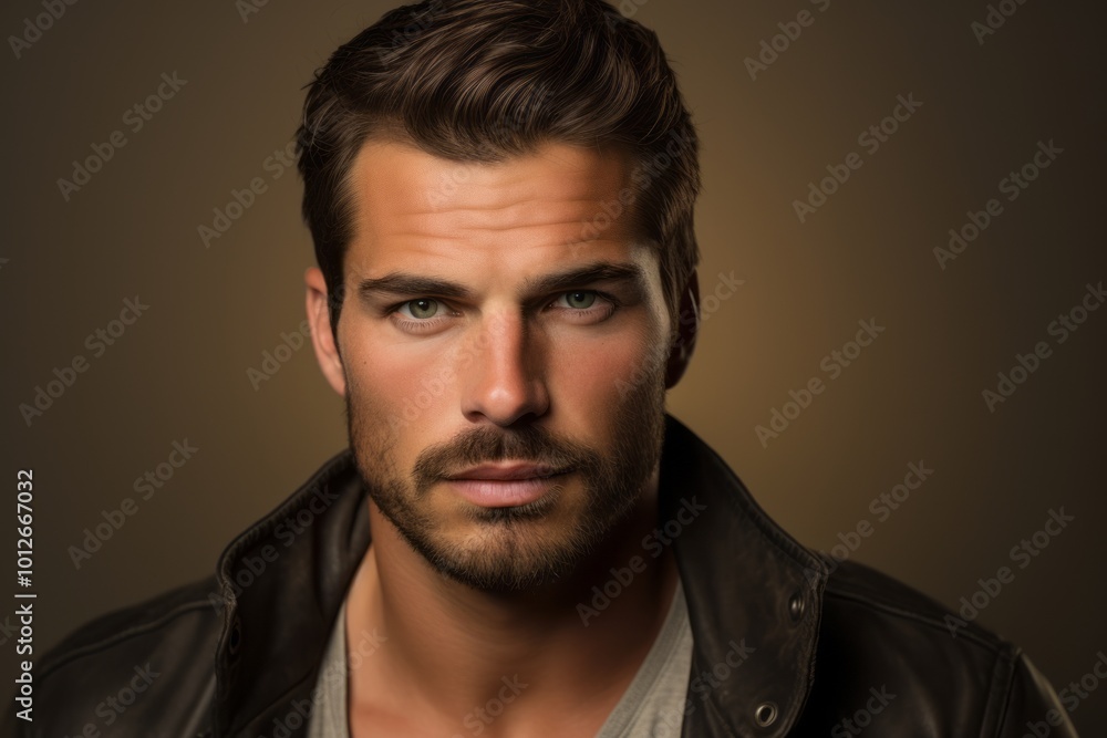 Portrait of a handsome young man with beard and mustache in a leather jacket. Men's beauty, fashion. Portrait of a handsome young man with beard and mustache in a leather jacket. Men's beauty, fashion.
