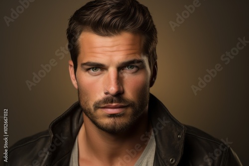 Portrait of a handsome young man with beard and mustache in a leather jacket. Men's beauty, fashion.