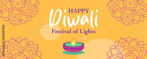 Diwali Hindu festival of lights greeting design with rangoli and oil lamps decoration. Trendy holiday background for branding, social media, greeting card, web banner, cover, flyer or poster