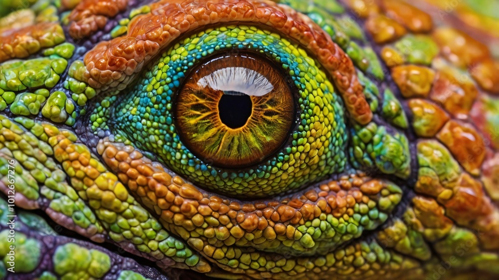 Obraz premium Ultra-close-up of a chameleon's eye mid-color change