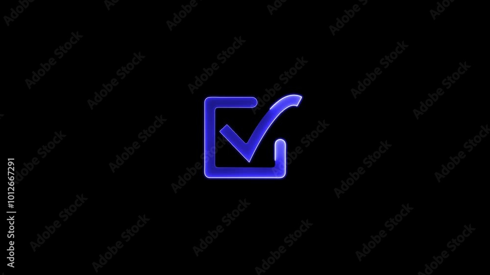 Glowing neon light check mark icon ,on the black background . Glowing neon light check mark icon ,on the black background .