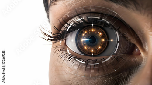 Flat Biometric Purchase Interface Concept with Zooming Ultra-Detailed Human Iris, Featuring Holographic Projections of Products and Prices in 3D Space - Vector Illustration for Smart Business Applicat photo