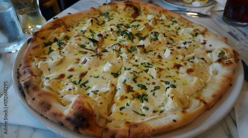 Freshly Baked Alfredo Pizza with Vegetables and Chicken Toppings